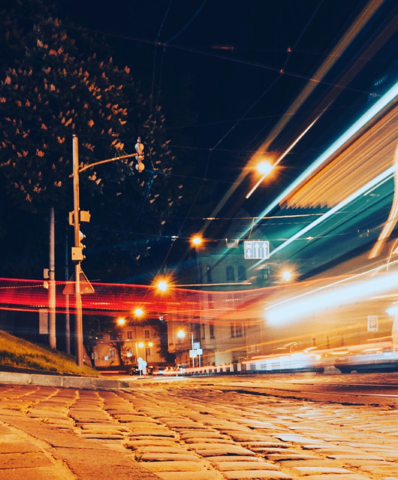 Colored lights in a city at night